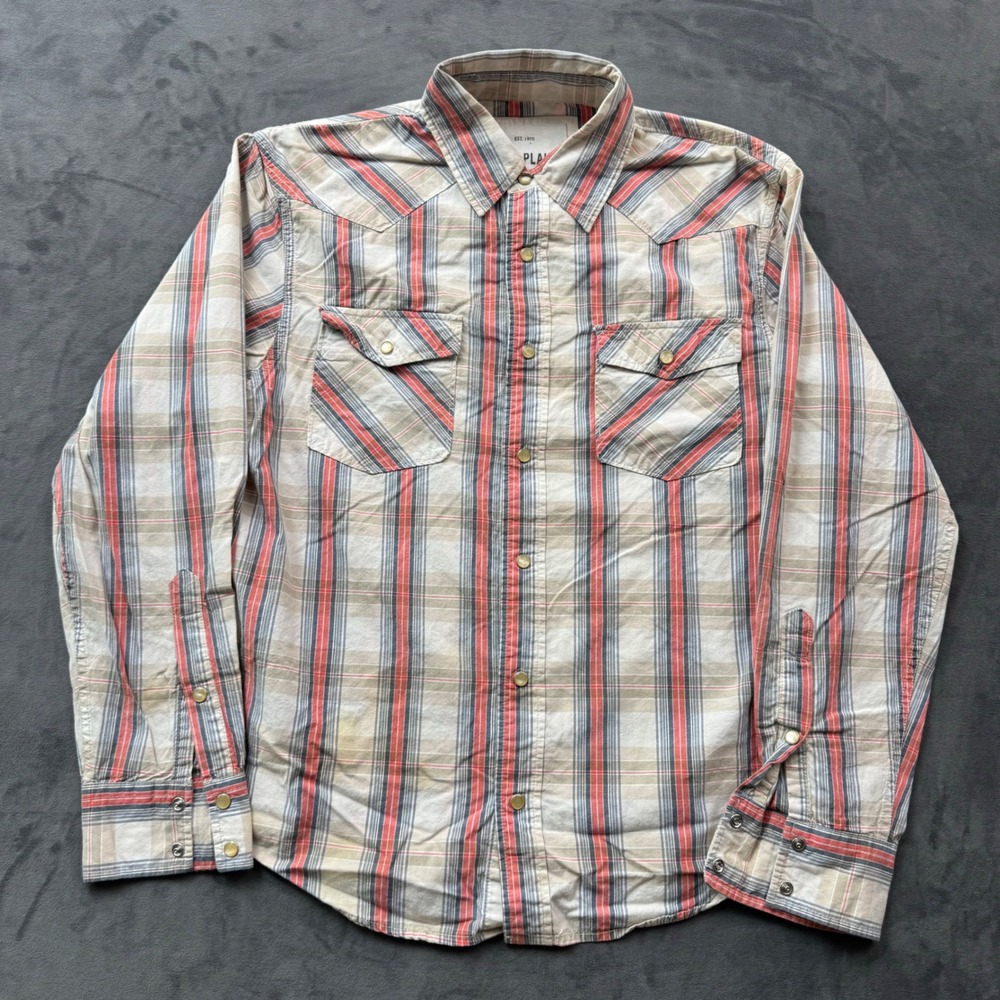Ditch Plains Mens Large Plaid Western Snap Shirt Red Blue Cotton Cowboy Top
